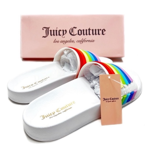 Juicy Couture Shoes - Juicy Couture Rainbow Slides Pool Sandals Wynnie White Multi Stripe Size…